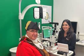 The Mayor of Barnet, Cllr Tony Vourou with Shilpa Gadhia, Specsavers Hendon Optometrist Director.