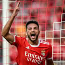 Benfica's Portuguese forward Goncalo Ramos celebrates scoring his team's third goal during the Portuguese League football match between SL Benfica and CS Maritimo Funchal at the Luz stadium in Lisbon on September 18, 2022. (Photo by PATRICIA DE MELO MOREIRA / AFP) (Photo by PATRICIA DE MELO MOREIRA/AFP via Getty Images)