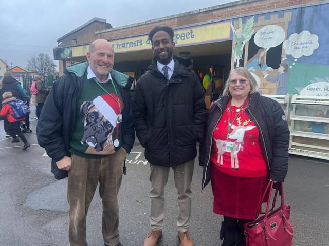 Headteacher Maz Mukhtar with local councillors Tim Foster and Gillian Green
