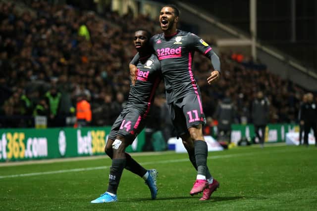 PRESTON, ENGLAND - OCTOBER 22: Eddie Nketiah of Leeds United celebrates scoring his sides first goal during the Sky Bet Championship match between Preston North End and Leeds United at Deepdale on October 22, 2019 in Preston, England. (Photo by Lewis Storey/Getty Images)