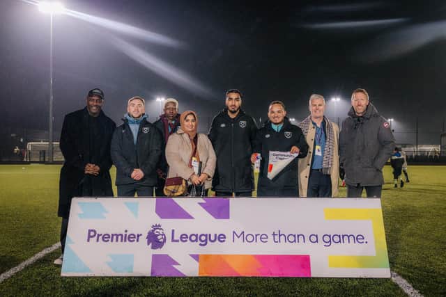 Arran Johny with Graham Potter, Jarrod Bowen, Princess Ademiluyi, Idris Elba, Leader of Barking and Dagenham, Cllr Dominic Twomey and Deputy Leader of Barking and Dagenham, Cllr Saima Ashraf