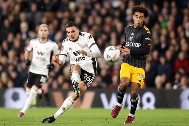 LONDON, ENGLAND - FEBRUARY 28: Joao Palhinha of Fulham scores the team's first goal during the Emirates FA Cup Fifth Round match between Fulham and Leeds United at Craven Cottage on February 28, 2023 in London, England. (Photo by Warren Little/Getty Images)