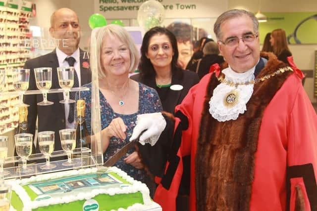 Specsavers Edgware Town with Dame Mary Perkins and The Mayor of Barnet.