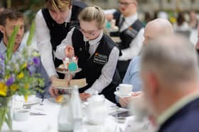 An Aurora Foxes student serves afternoon tea at The Waldorf Hotel