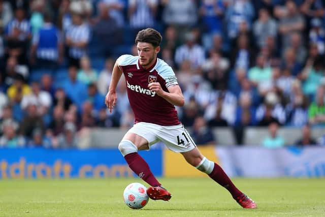 Declan Rice of West Ham attacks during the Premier League match between Brighton & Hove Albion and West Ham United at American Express Community Stadium on May 22, 2022 in Brighton, England. (Photo by Charlie Crowhurst/Getty Images)