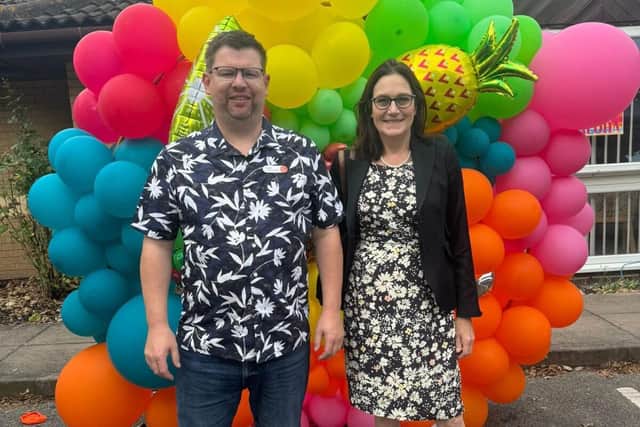 Lewis Chester, Home Manager and Dame Rebecca Harris, MP attending Godden Lodge's Summer Fete event.