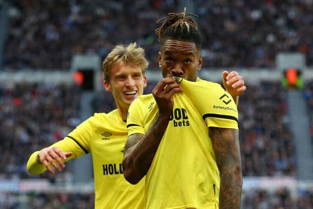 Ivan Toney of Brentford celebrates after scoring their team's first goal during the Premier League match between Newcastle United and Brentford at St. James Park (Photo by Alex Livesey/Getty Images)