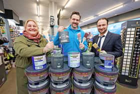 From left, Malden Manor Primary School site manager Claire Jarvis, Leyland Kingston deputy store manager Joe Jackson and school business manager Bachar Aleddin.