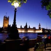 A police officer stands guard as members of the public stand in line as they queue along Embankment. 