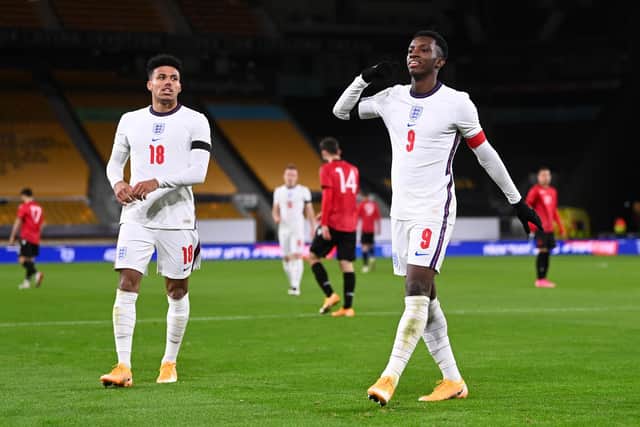 WOLVERHAMPTON, ENGLAND - NOVEMBER 17: Eddie Nketiah of England celebrates with teammate James Justin after scoring their team's fourth goal during the UEFA Euro Under 21 Qualifier match between England U21 and Albania U21 at Molineux on November 17, 2020 in Wolverhampton, England.(Photo by Laurence Griffiths/Getty Images)