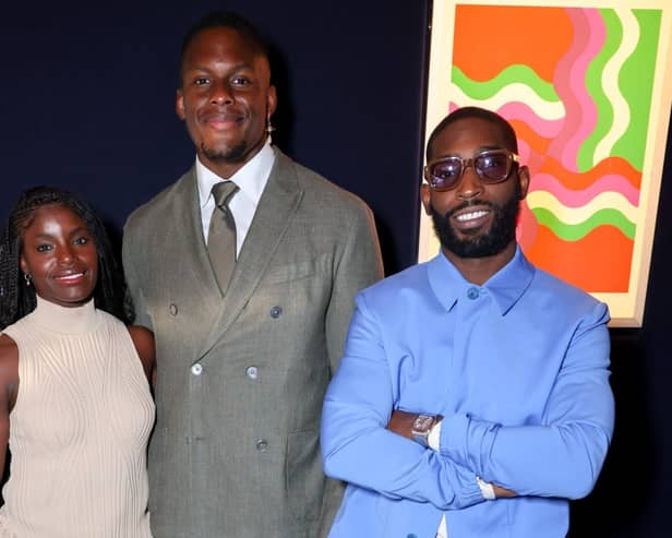 Pictured (L to R) Eniola Aluko, Maro Itoje and Tinie Tempah at Pearl Fund dinner.