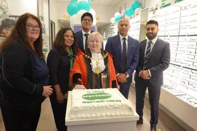 (Left to right) Julie Caulton, Audiology Director, Padmarekha Halubai, Retail Director, Mayor of Ealing, Cllr. Yvonne Johnson, Shaan Patel, Ophthalmic Director, Sujith Weerasinghe, Specsavers Regional Relationship Manager for North West London and Atul Ladwa, Ophthalmic Director - Specsavers Westway Cross.