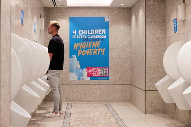 Visitors to Bluewater Shopping Centre in Dartford encounter a striking installation in the men’s restroom as part of charity In Kind Direct’s new immersive campaign to highlight the escalating hygiene poverty crisis among children in Britain. The poster forms part of a powerful experience where audio experiences of children echo through the space - sharing the realities of going without basic hygiene essentials and urging the public to take action. The campaign runs from 2nd - 11th May 2025.