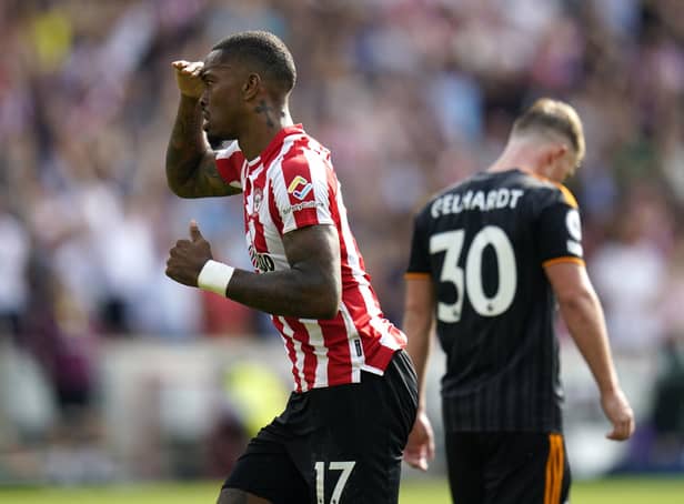 <p>Brentford's Ivan Toney (left) celebrates scoring their side's second goal against Leeds (Picture: Andrew Matthews/PA Wire)</p>
