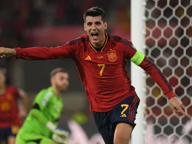 Spain's Alvaro Morata celebrates scoring the opener in the 2-0 win over Scotland. (Photo by JORGE GUERRERO/AFP via Getty Images)