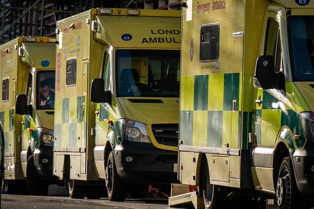 File photo dated 06/01/23 of Ambulances waiting at an Emergency Department (A&E) at the Royal London hospital in London, as Ambulance handover delays outside hospitals in England have fallen to their lowest level this winter, NHS figures show.