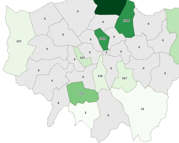 Map of paid FPNs for fly tipping in London in 2023.
