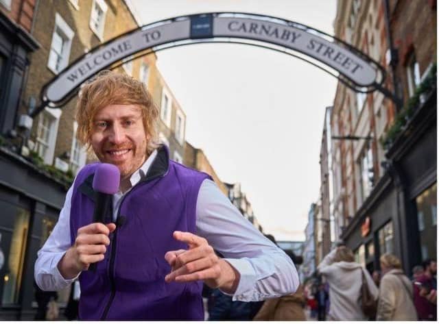 Award winning comedian Mark Simmons on Carnaby Street performing jokes from Plum's 'Improv' Your Finances Joke Book