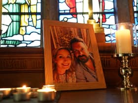 Candles are lit around a photo of Nicola Bulley (left) and her partner Paul Ansell on an altar at St Michael's Church in St Michael's on Wyre, Lancashire, as police continue their search for the missing mother of two.