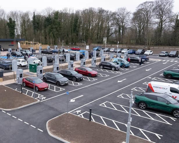 The site features 44 ultra-rapid EV chargers, a café, children’s play park, dog walking area, and 24/7 toilet facilities.