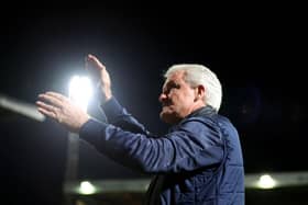 BRADFORD, ENGLAND - SEPTEMBER 26: Mark Hughes, Manager of Bradford City, applauds the fans prior to the Carabao Cup Third Round match between Bradford City and Middlesbrough at University of Bradford Stadium on September 26, 2023 in Bradford, England. (Photo by George Wood/Getty Images)