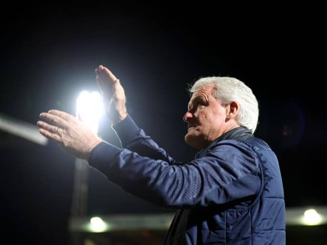 BRADFORD, ENGLAND - SEPTEMBER 26: Mark Hughes, Manager of Bradford City, applauds the fans prior to the Carabao Cup Third Round match between Bradford City and Middlesbrough at University of Bradford Stadium on September 26, 2023 in Bradford, England. (Photo by George Wood/Getty Images)