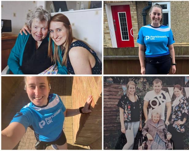 (Top left) Leanne (right) with her Grandma, Marion (left). (Bottom left and top right) Leanne training for the marathon. (Bottom right) Leanne (far left) with her family.