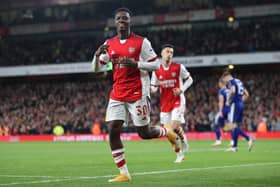 LONDON, ENGLAND - OCTOBER 26: Eddie Nketiah of Arsenal  celebrates after scoring their side's second goal during the Carabao Cup Round of 16 match between Arsenal and Leeds United at Emirates Stadium on October 26, 2021 in London, England. (Photo by Julian Finney/Getty Images)