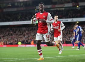 LONDON, ENGLAND - OCTOBER 26: Eddie Nketiah of Arsenal  celebrates after scoring their side's second goal during the Carabao Cup Round of 16 match between Arsenal and Leeds United at Emirates Stadium on October 26, 2021 in London, England. (Photo by Julian Finney/Getty Images)