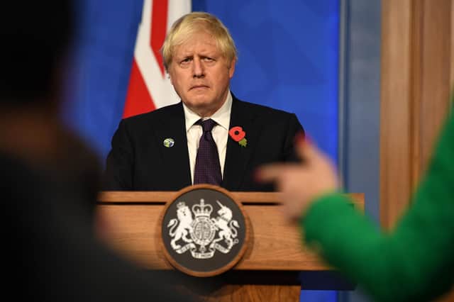 Prime Minister Boris Johnson at a press conference in Downing Street.