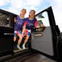Catching a cab ride  before the run. Lachlan, left, and Stefan