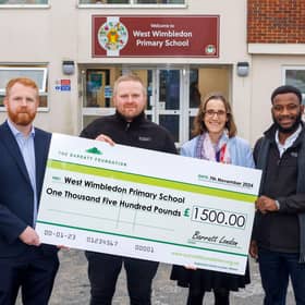 From left to right: Mark Doyle, Joe Allington, Rosie Williamson (West Wimbledon School headteacher) and Jeancy Nsombo