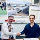 Done deal: Broxap' MD John Boyle (left) and Turvec co-founder George Hosegood agree the sale.