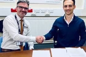 Done deal: Broxap' MD John Boyle (left) and Turvec co-founder George Hosegood agree the sale.