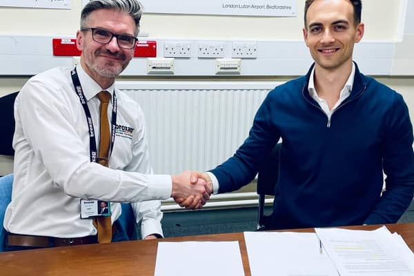 Done deal: Broxap' MD John Boyle (left) and Turvec co-founder George Hosegood agree the sale.