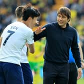 NORWICH, ENGLAND - MAY 22:   Antonio Conte, the Tottenham Hotspur manager celebrates after their victory during the Premier League match between Norwich City and Tottenham Hotspur at Carrow Road on May 22, 2022 in Norwich, England. (Photo by David Rogers/Getty Images)