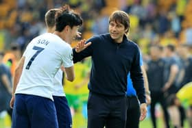 NORWICH, ENGLAND - MAY 22:   Antonio Conte, the Tottenham Hotspur manager celebrates after their victory during the Premier League match between Norwich City and Tottenham Hotspur at Carrow Road on May 22, 2022 in Norwich, England. (Photo by David Rogers/Getty Images)