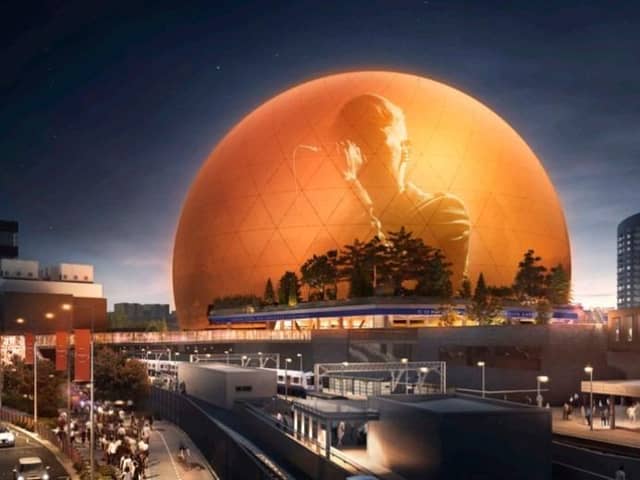 A mock-up of what the MSG Sphere would have looked like in east London, towering over nearby flats.