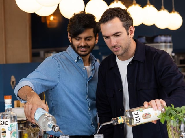 Nicholas and Harsha, co-founders of Leve at Mestizo's bar.
