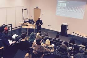 AJ Haseley from Influential Music talks to students at Croydon College.