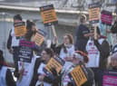 A Royal College of Nursing picket line as staff strike outside a hospital.