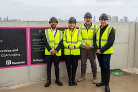(Left to right) Councillor Deepak Sardiwal, Helen Hayes MP, Tom Sherriff Managing Director of Bellway Thames Gateway, and Ian Gregg Executive Director of Asset Services for The Riverside Group.