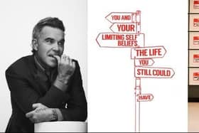 From left: Portrait by Jason Hetherington; Limiting Self Beliefs; Robbie Williams portrait by Marc Roses; Radical Honesty 3; Radical Honesty 2. © Robbie Williams, 2025