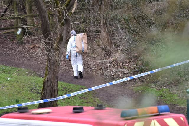 A police forensic officer at the scene in Culcheth Linear Park in Warrington, Cheshire after a teenage girl was found dead in the park with serious injuries. Cheshire Constabulary said officers were called to the park at around 3.13pm on Saturday following reports about the girl. Emergency services attended but the teenager was pronounced dead at the scene. Picture date: Sunday February 12, 2023.
