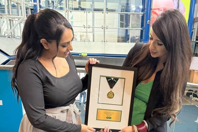 Dame Mary Perkins Award. (Left to right) Bhavisha Patel, Optometrist Director and Karina Peshawaria, Retail Director of Specsavers New Malden.