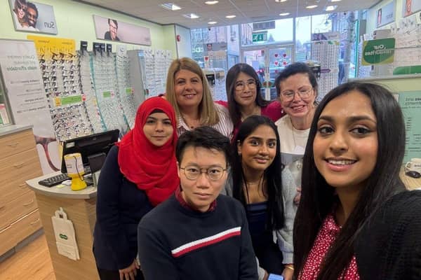 (Left to right back row) Specsavers new Malden, Aisha Rasool, Trainee Dispensing Optician, Karen Fitzgerald, Store Supervisor, Mona Tarokh and Janice Gibbs - Optical Assistants. (Left to right front row) Chi Lam Chan, Optometrist, Lina Patel, Pre-Reg Optometrist and Bhavisha Patel, Optometrist Director.