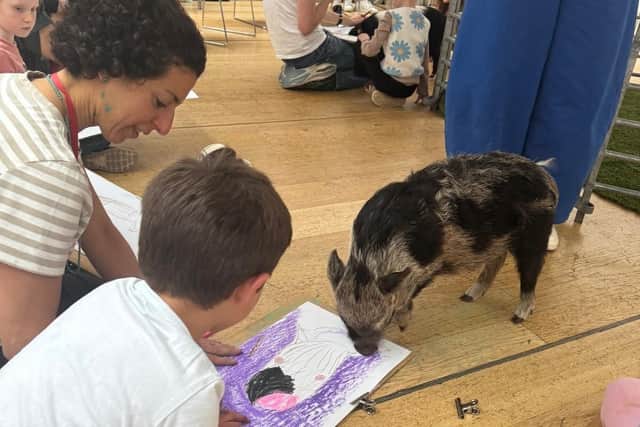 A miniature pig enjoying an event at Dulwich Gallery - Animal News Agency