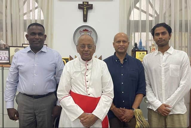 (Left to right) Anil Hapugoda, Cardinal Malcolm Ranjith, Head of the Catholic Church in Sri Lanka and Archbishop of Colombo, Sujith Weerasinghe, Specsavers North West Regional Relationship Manager and Dilmith Weerasinghe.