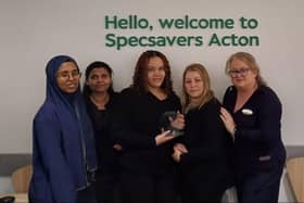 (Left to right) Specsavers Acton, Faiza, Resident Optometrist, Stephanie, Dispensing/Contact Lens Optician, Leonie, Optical Advisor, Marcia, Optical Advisor and Kim, Store Manager.