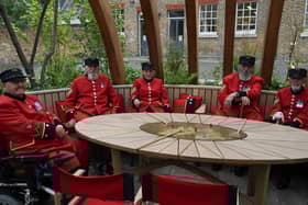 Chelsea Pensioners enjoying the new garden in the grounds of the Royal Hospital Chelsea, which was built using Hoffmann Green’s low-carbon H-UKR™ cement. Photo: Royal Hospital